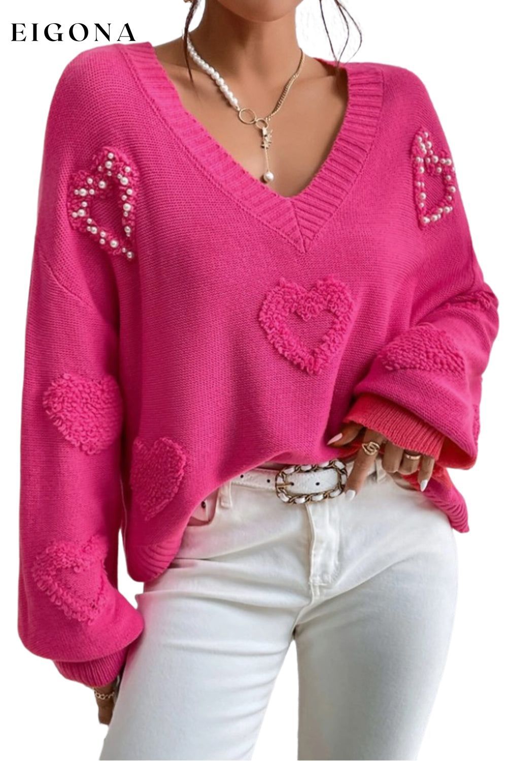 Rose Red Pearl Embellished Fuzzy Hearts V Neck Sweater All In Stock clothes Color Pink Craft Bead Day Valentine's Day Occasion Daily Print Solid Color Season Fall & Autumn Style Southern Belle sweaters Sweatshirt