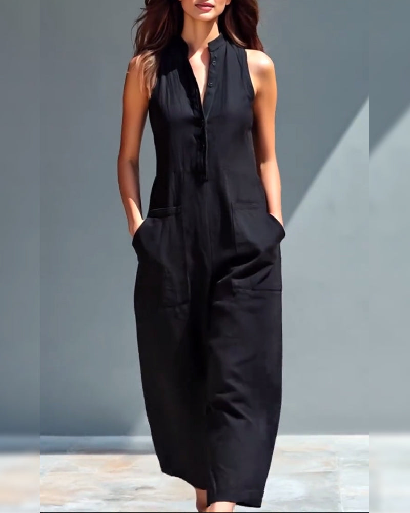 Sleeveless Stand-Up Collar Wide-Leg Jumpsuit