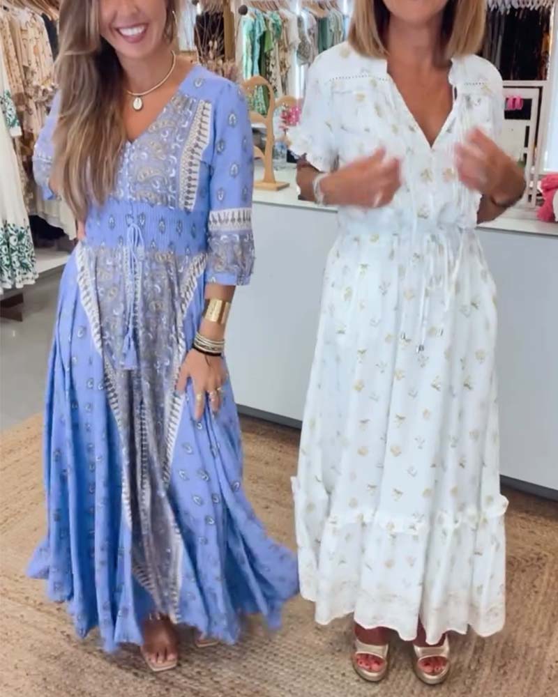 Vintage printed three quarter sleeve lace up dress 202466 casual dresses spring summer