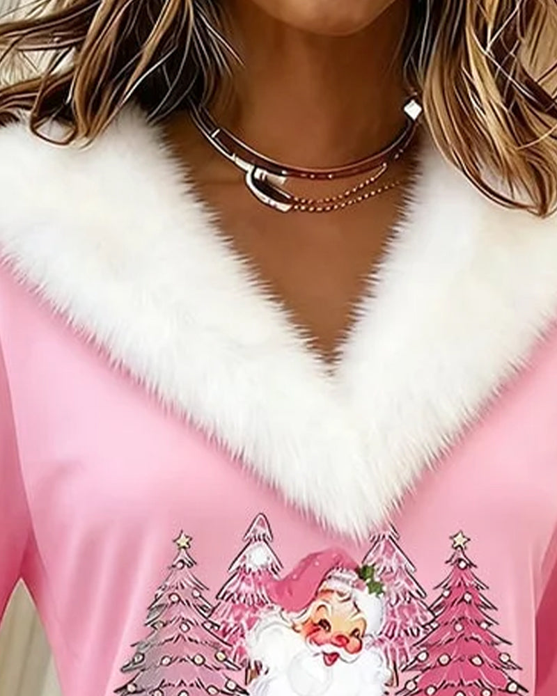 Large Fur Collar Printed Top