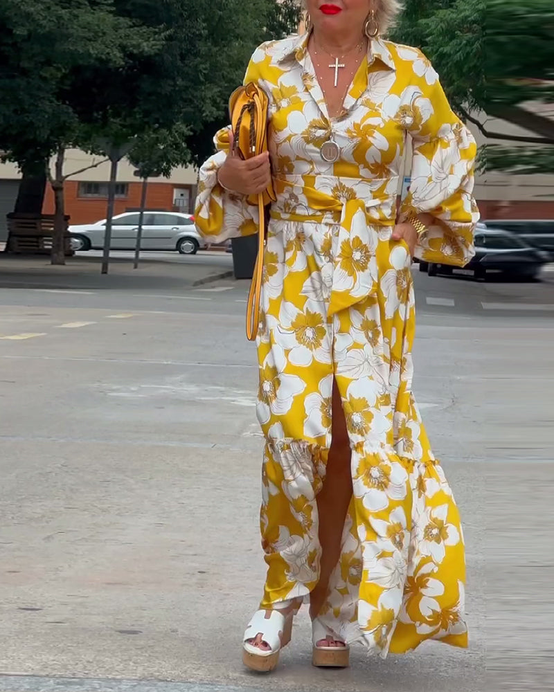 Fashion floral print lapel lantern sleeve dress 202466 casual dresses spring summer