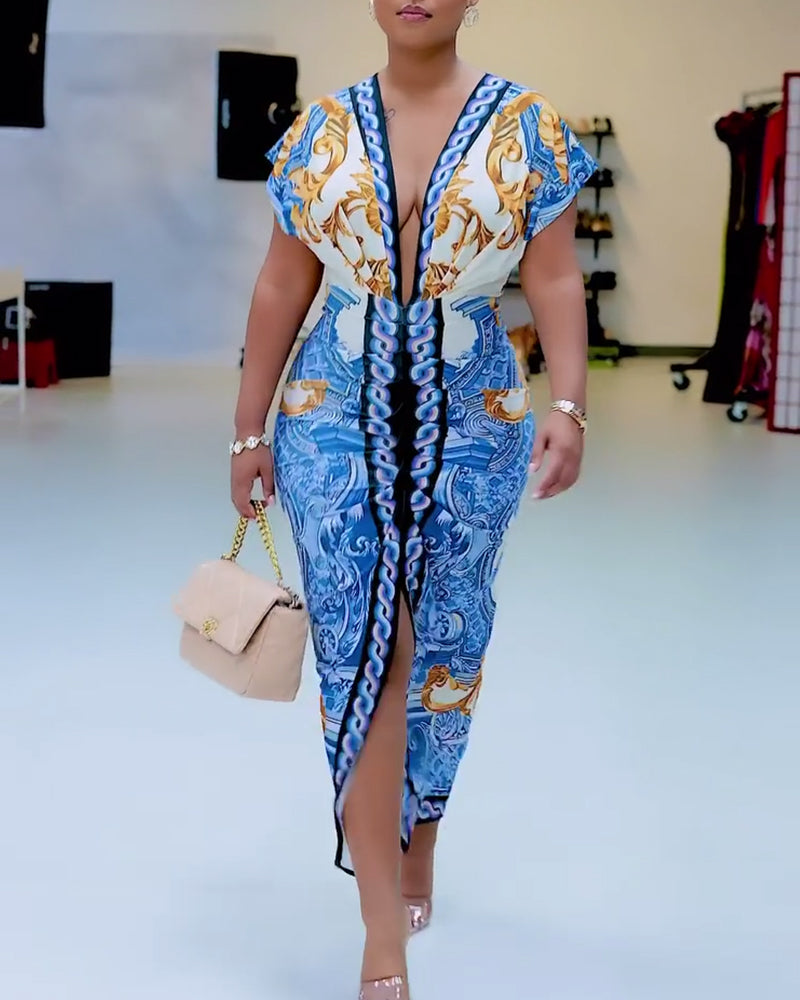Retro print deep v slit dress 202466 casual dresses summer