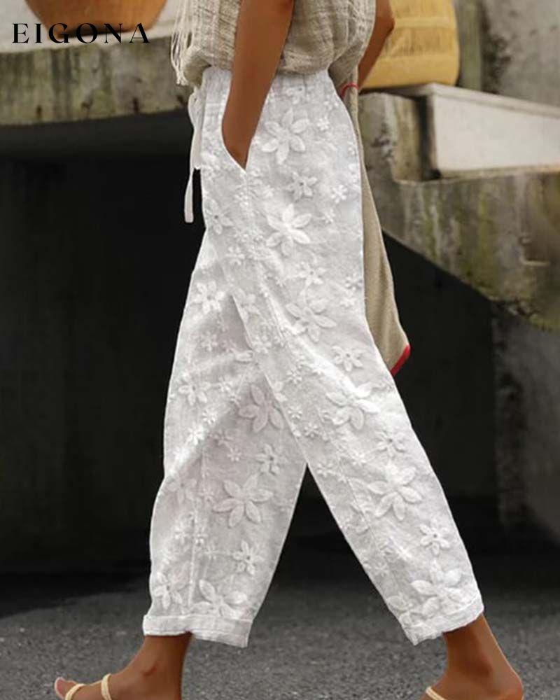 Floral embroidered lace-up solid color casual pants pants spring summer