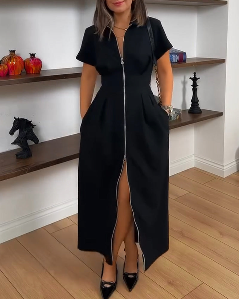 Lapel Collar Zipper Dress