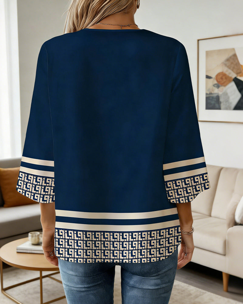 Geometric Print V-Neck Three-Quarter Sleeve Top
