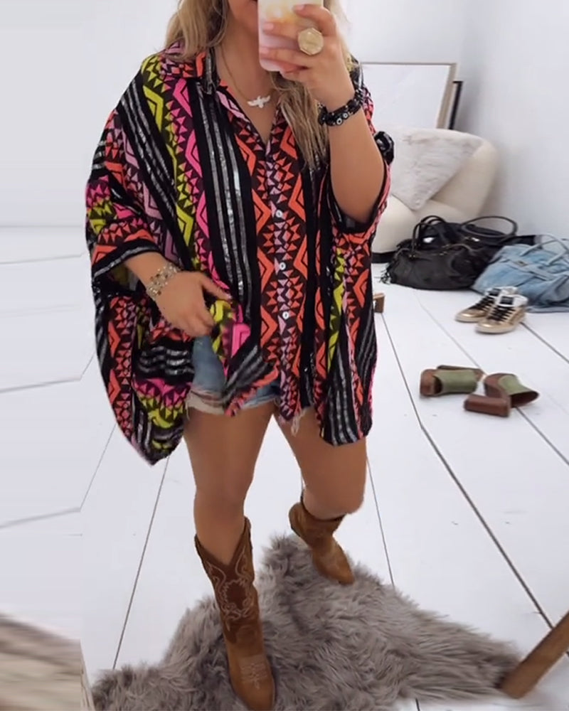 Loose Lapel Printed Blouse