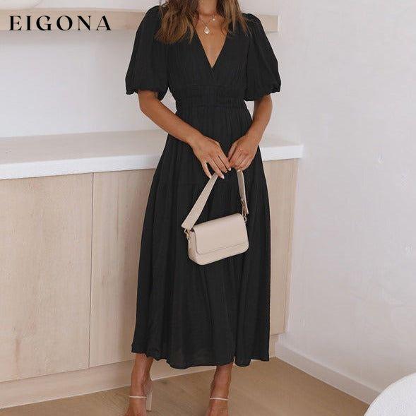 Holiday Vacation Style Deep V Puff Sleeve Maxi Midi Dress Black Clothes dress dresses midi dresses short sleeve dress