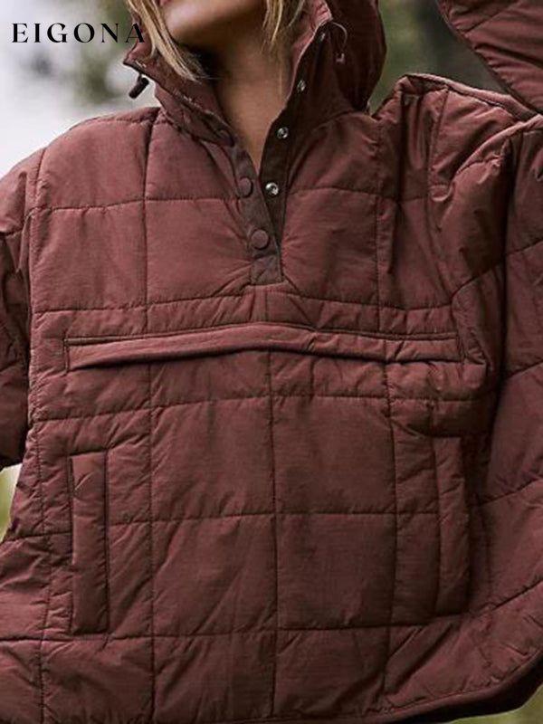 Solid Color Hooded Cotton Foldable Padded Pullover Pocket Long Sleeve Jacket Dark Brown clothes Jackets & Coats
