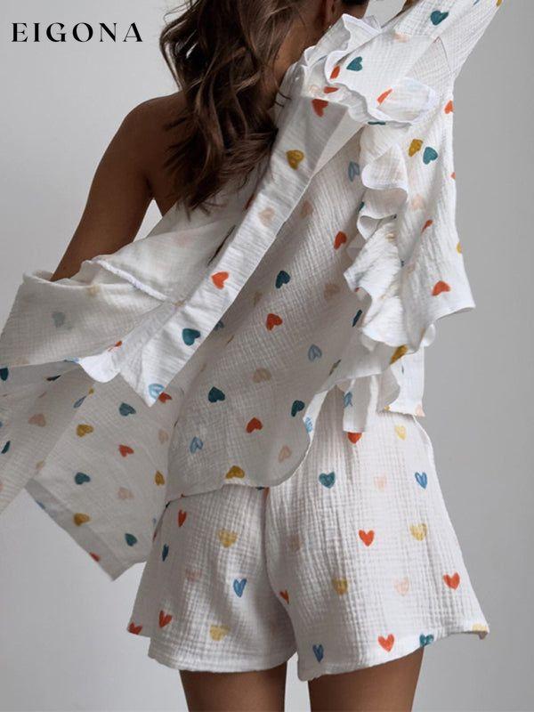 Ruffled love printed shirt wide leg shorts casual suit set Clothes sets