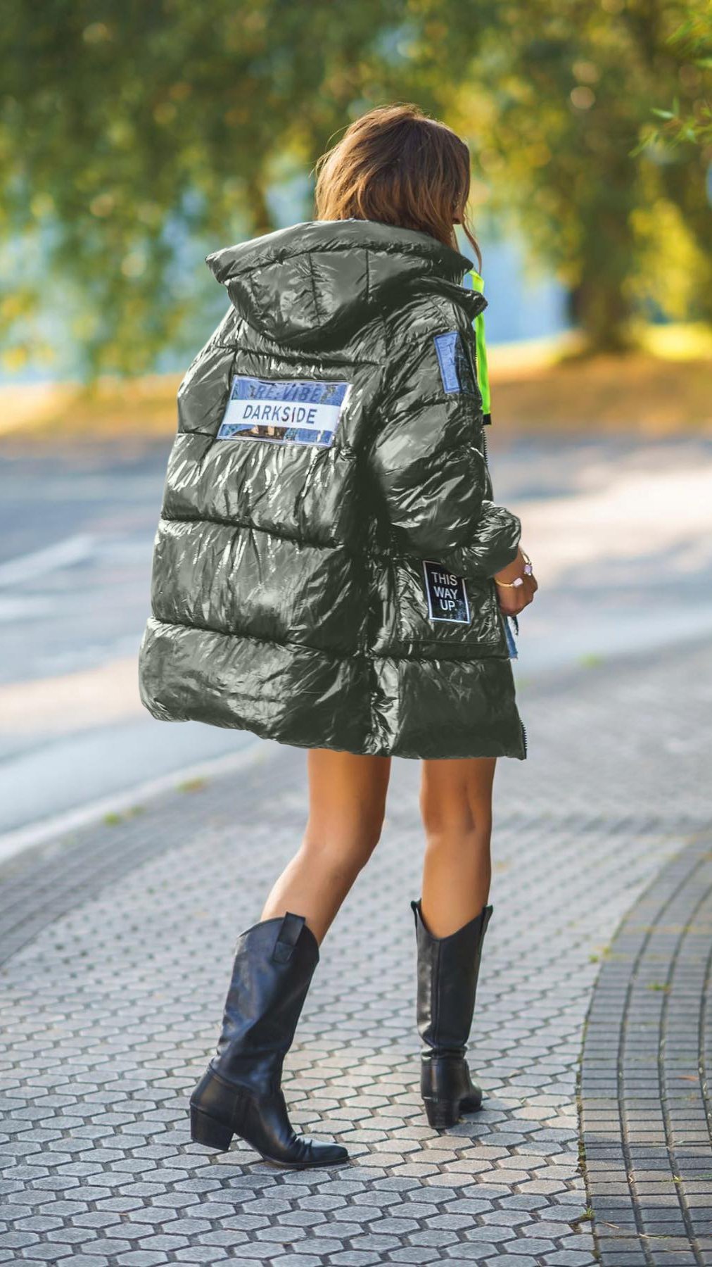 Ladies Casual Warm Glossy Letter Print Hooded Cotton Jacket Coats skirts Top