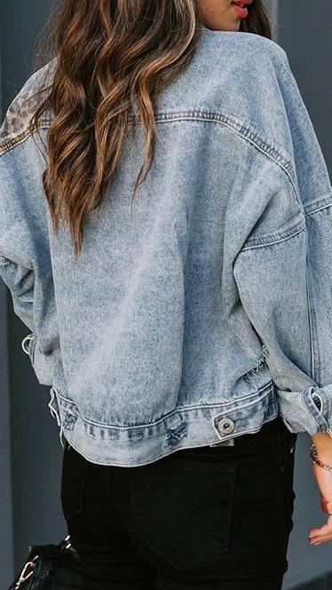 Ladies leopard print fashion print patchwork ripped denim top casual jacket Coats skirts Top