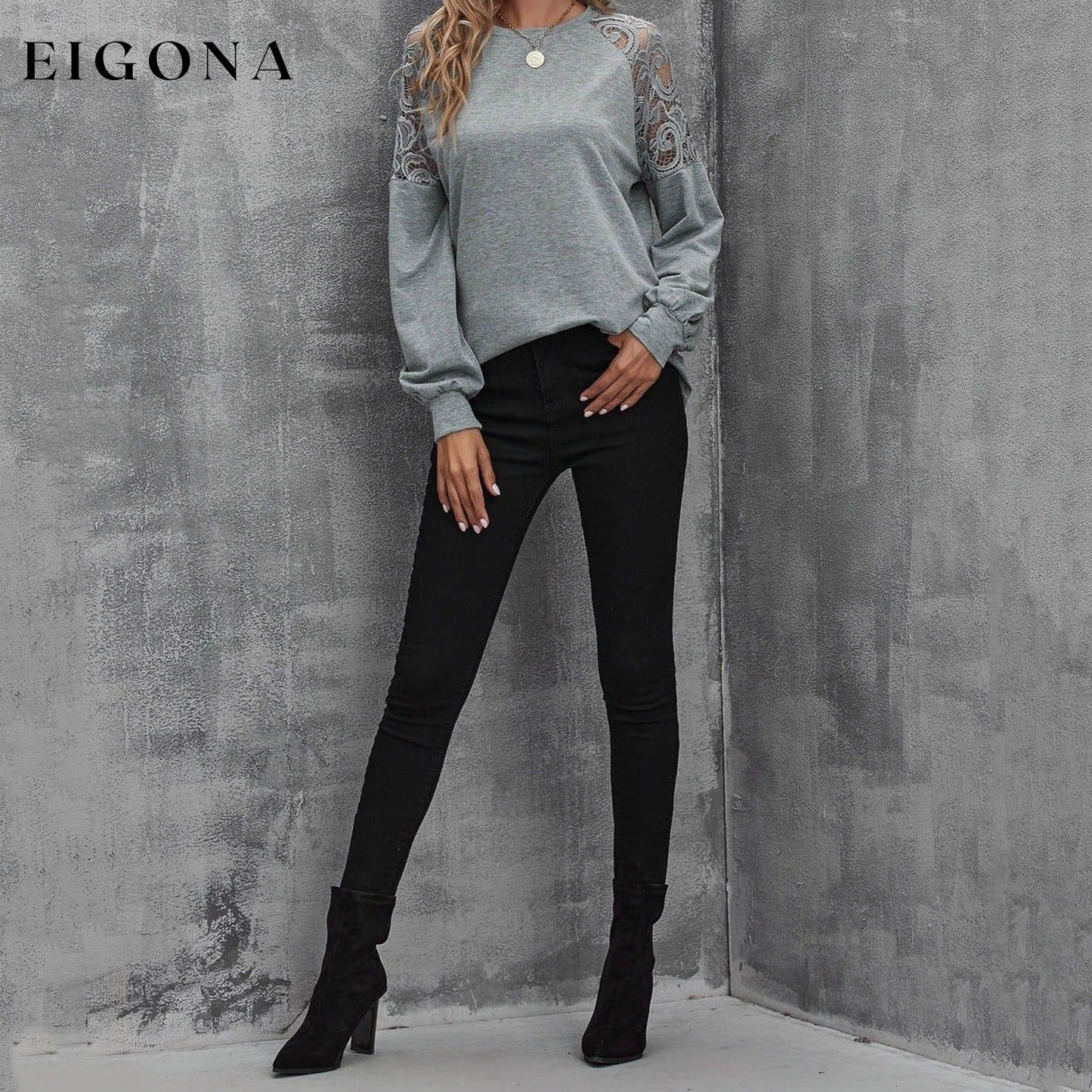 Lace Insert Raglan Sleeve Pullover __stock:500 clothes refund_fee:800 tops