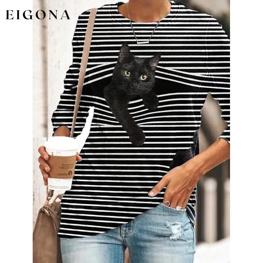 Women's Halloween Tunic T shirt Striped Cat 3D Cartoon Long Sleeve Print Round Neck Black __stock:50 clothes refund_fee:800 tops