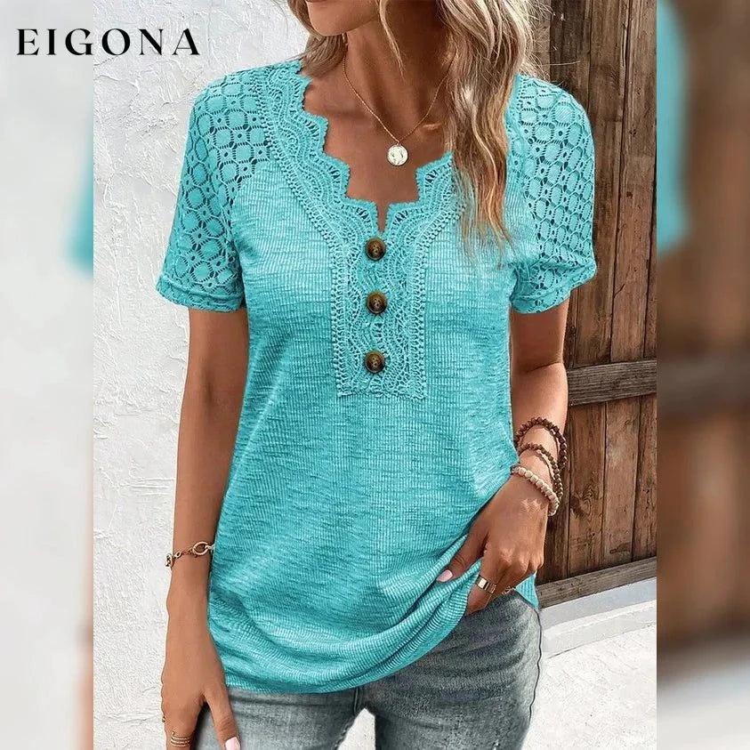 Women's T-Shirt Plain Lace Button Short Sleeve Blue clothes refund_fee:1200 tops