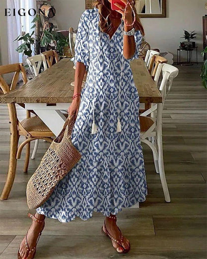 V-neck printed half-sleeved long dress Blue 23BF Casual Dresses Clothes Dresses Spring Summer