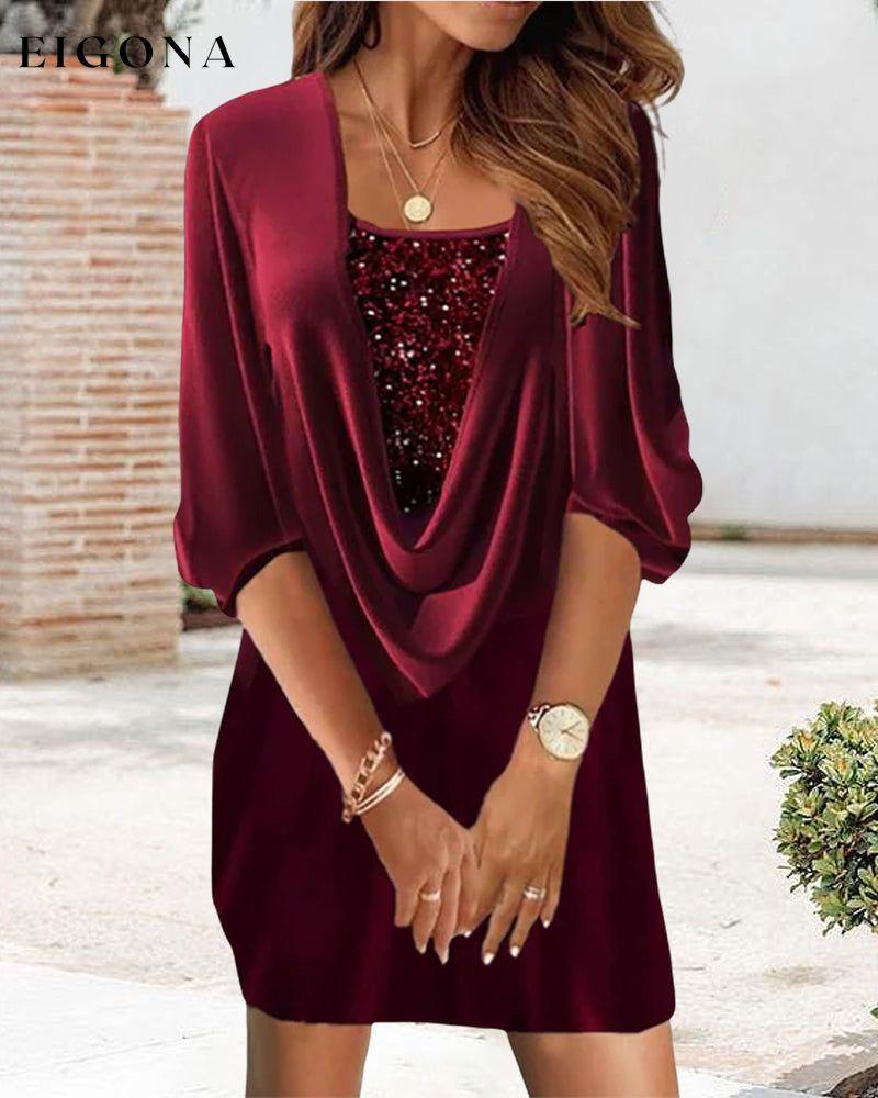 Burgundy sequin dress with 3/4 sleeves 2022 F/W 23BF Casual Dresses christmas Clothes Dresses