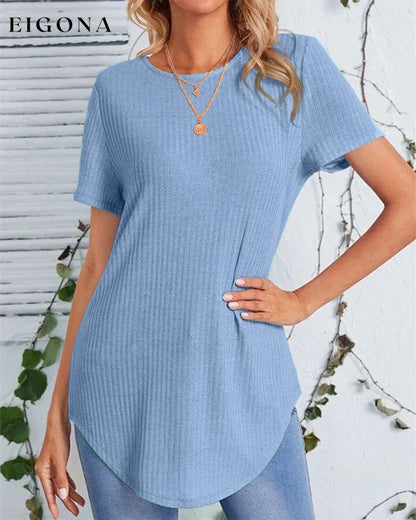 Back single-breasted casual solid color t-shirt Blue 23BF clothes Short Sleeve Tops Summer T-shirts Tops/Blouses