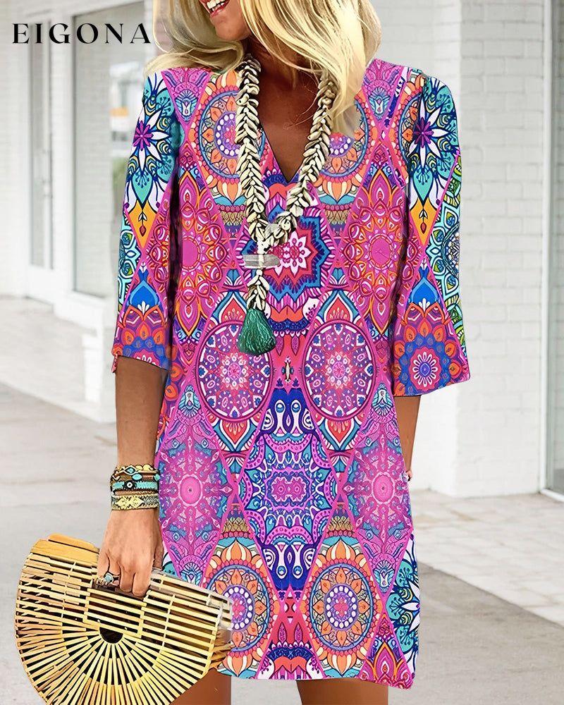 Geometric Print 3/4 Sleeve Dress 23BF Casual Dresses Clothes Dresses Spring Summer