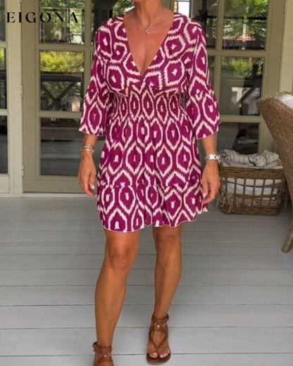 V-neck 3/4 sleeve print dress 23BF Casual Dresses Clothes Dress Dresses SALE Summer vacation dresses