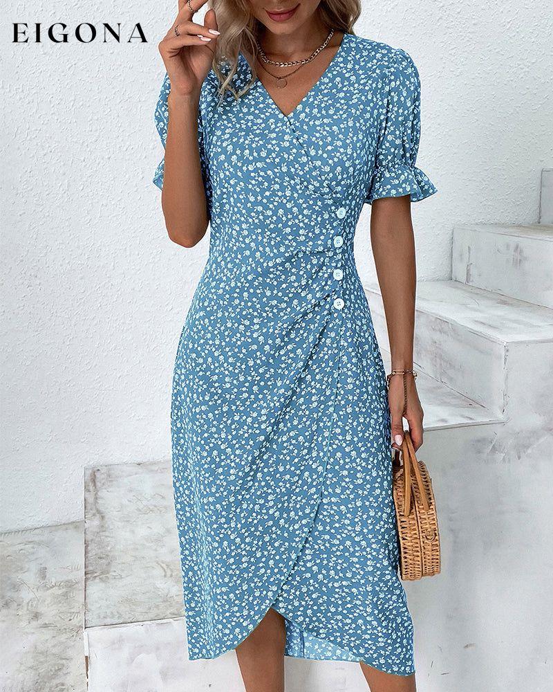 Floral print button short sleeve dress Blue 23BF Casual Dresses Clothes Dresses SALE Summer