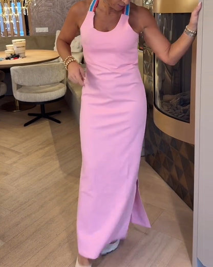 Sleeveless Contrast Color Slim Dress