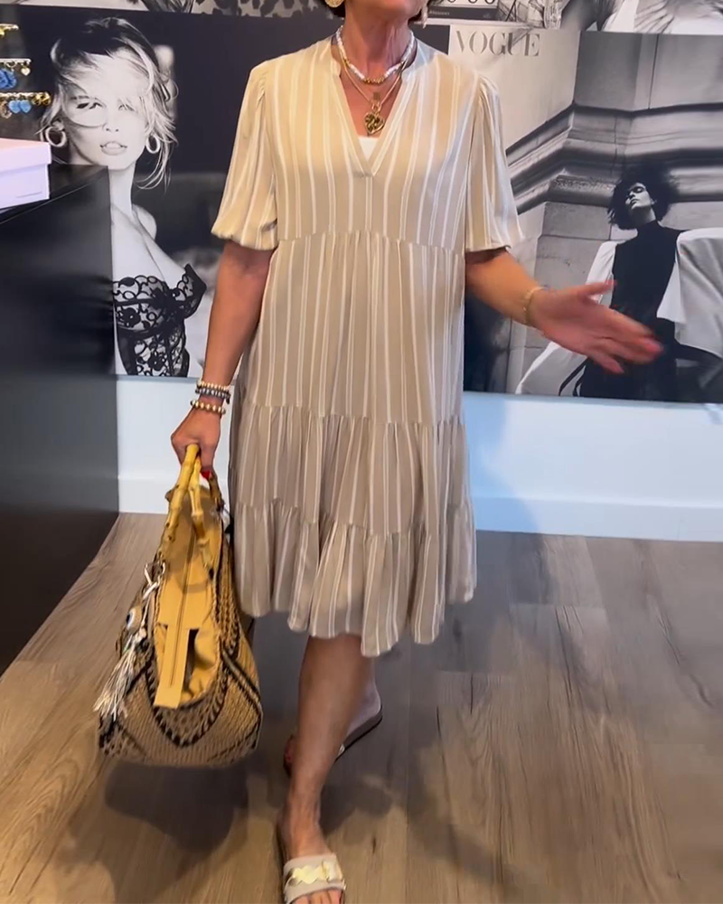 V-Neck Pleated Striped Dress