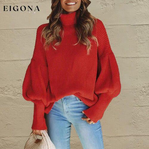 Turtleneck Lantern Sleeve Dropped Shoulder Puff Sleeve Fashion Sweater Deep Red campaign clothes D&C Ship From Overseas