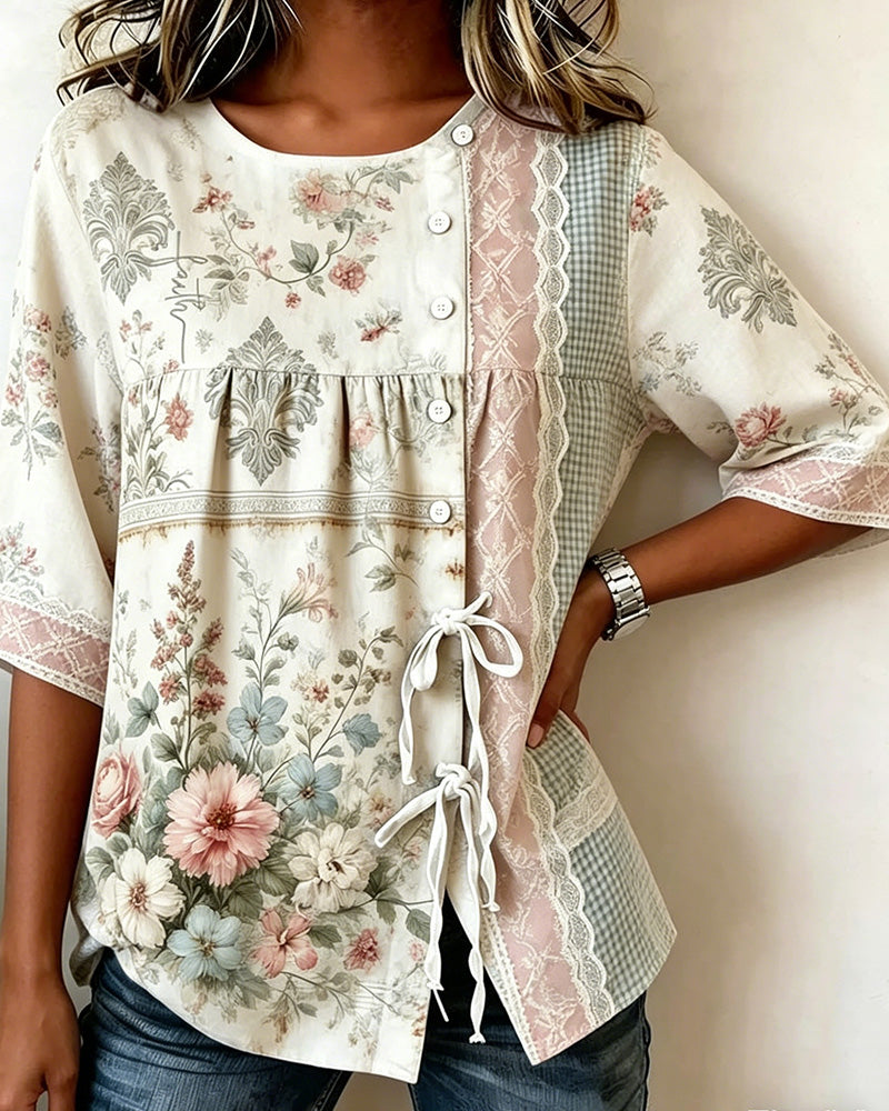Retro Floral Print Casual Blouse