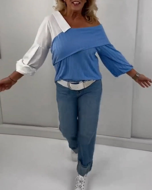 Off-Shoulder Irregular Contrast Color Blouse