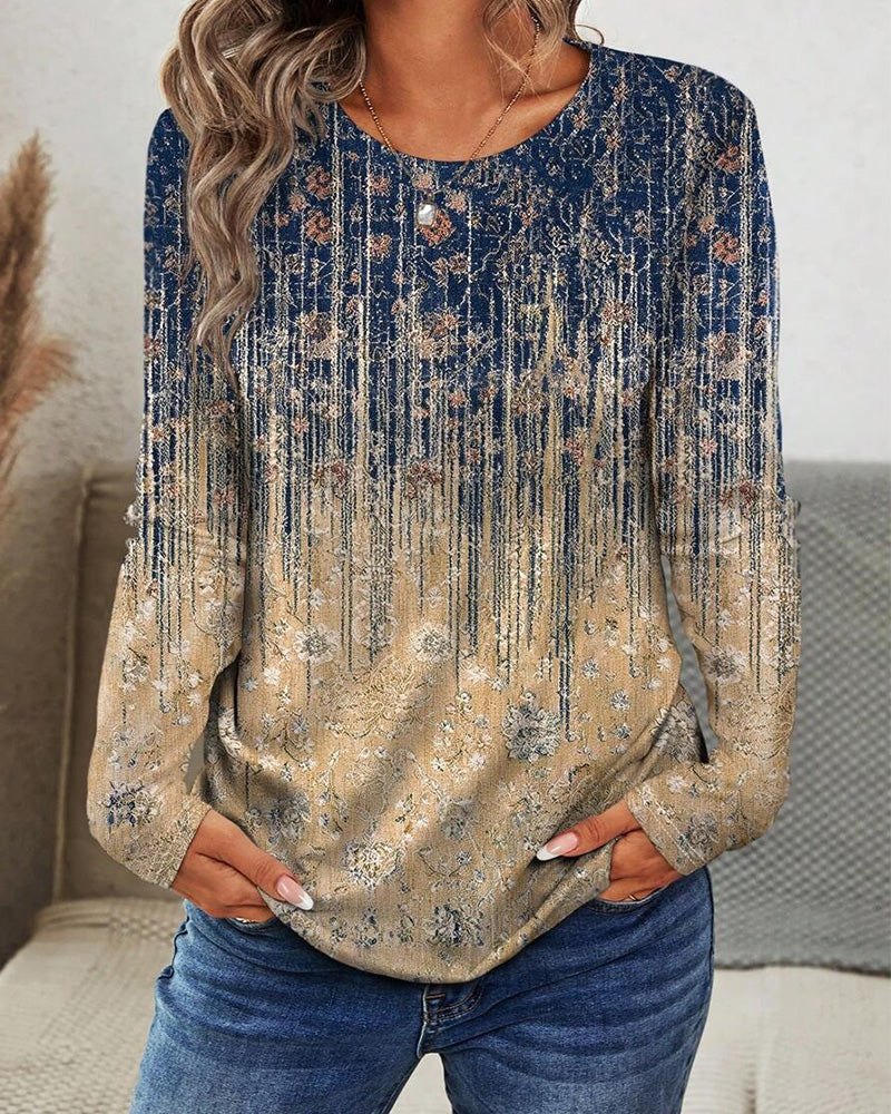 Retro Round Neck Printed Long-Sleeved Top