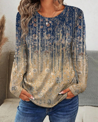 Retro Round Neck Printed Long-Sleeved Top