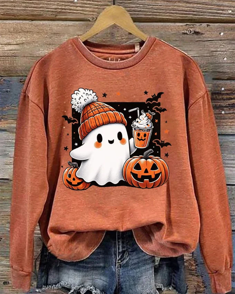 Women's Halloween Cute Ghost Print Crew Neck Sweatshirt 2024 f/w halloween spring summer sweatshirts