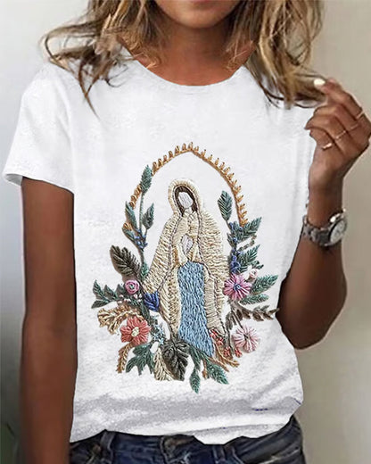 Women's Christian Our Lady Floral Print Round Neck T-Shirt 2024 f/w Faith Lover summer t-shirts