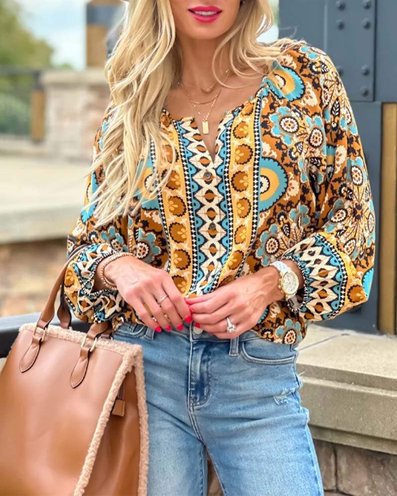 Retro printed lantern sleeve blouse 2024 f/w blouses & shirts spring