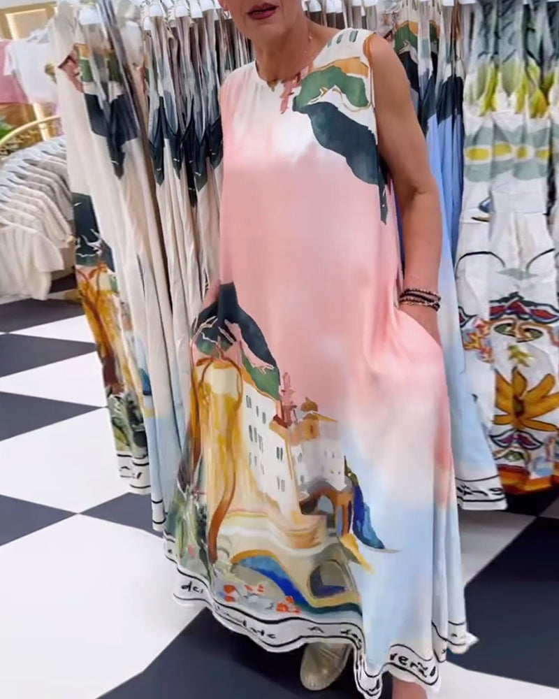 Sleeveless Landscape Painting Loose Dress