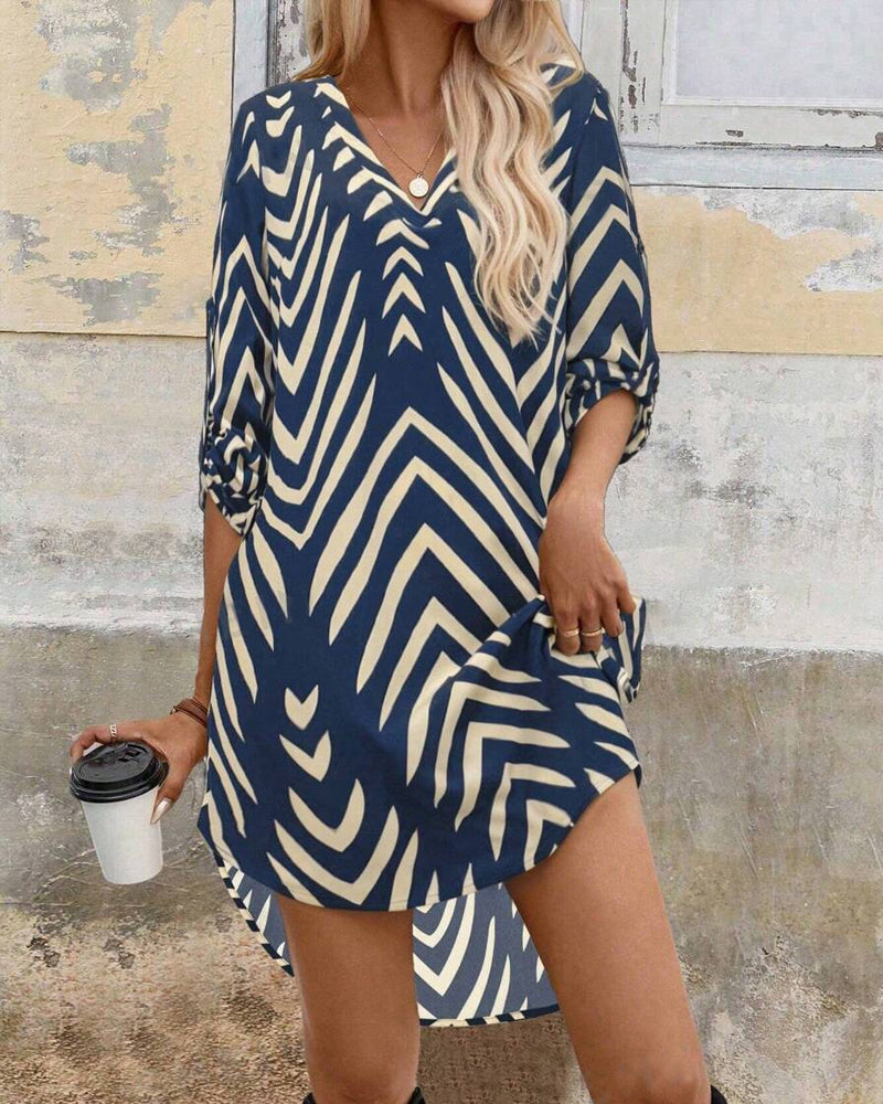 Fashion V-shaped printed three-quarter sleeve irregular dress 202466 casual dresses summer