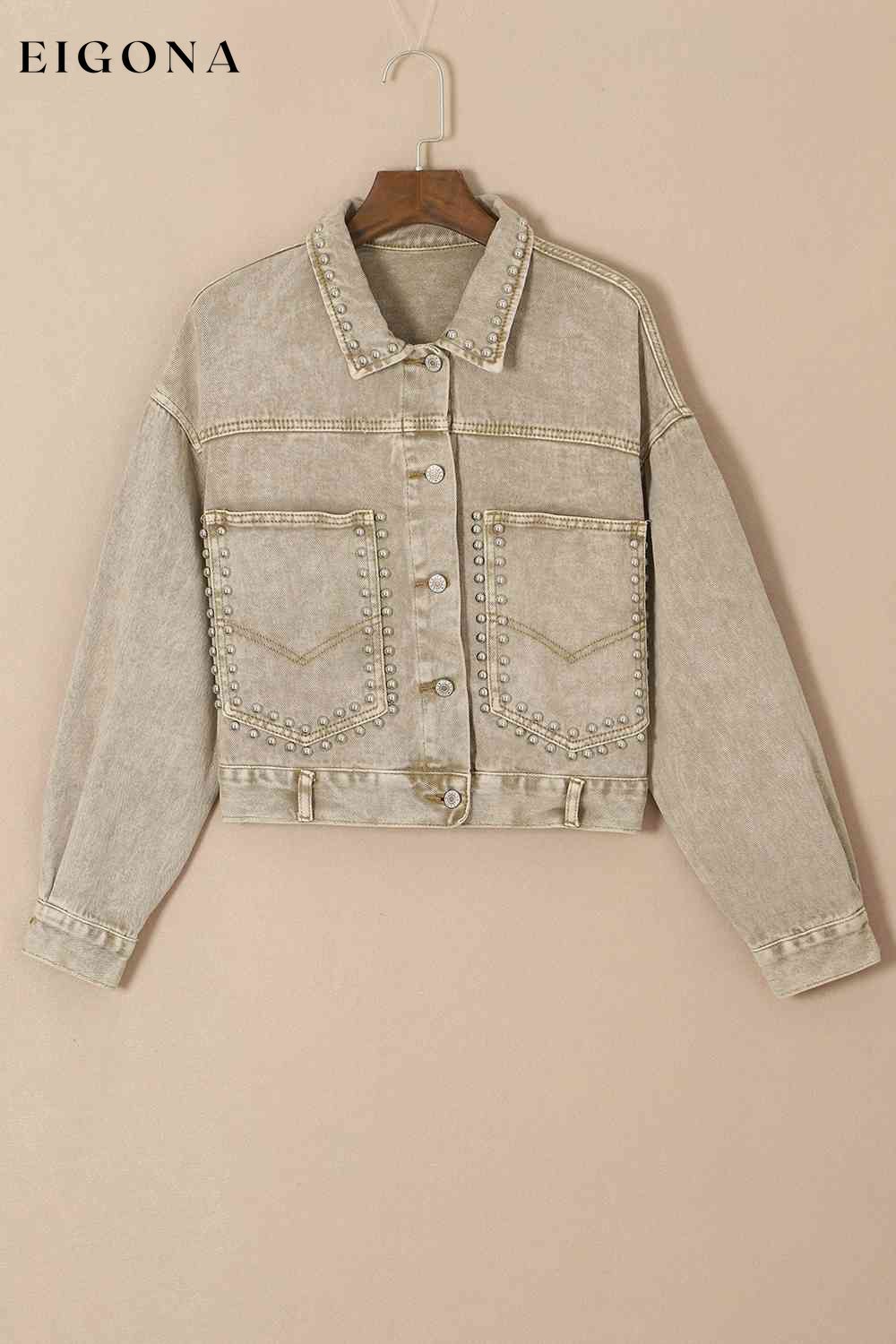 Studded Collared Neck Denim Jacket with Pockets Taupe clothes Jackets & Coats Ship From Overseas SYNZ