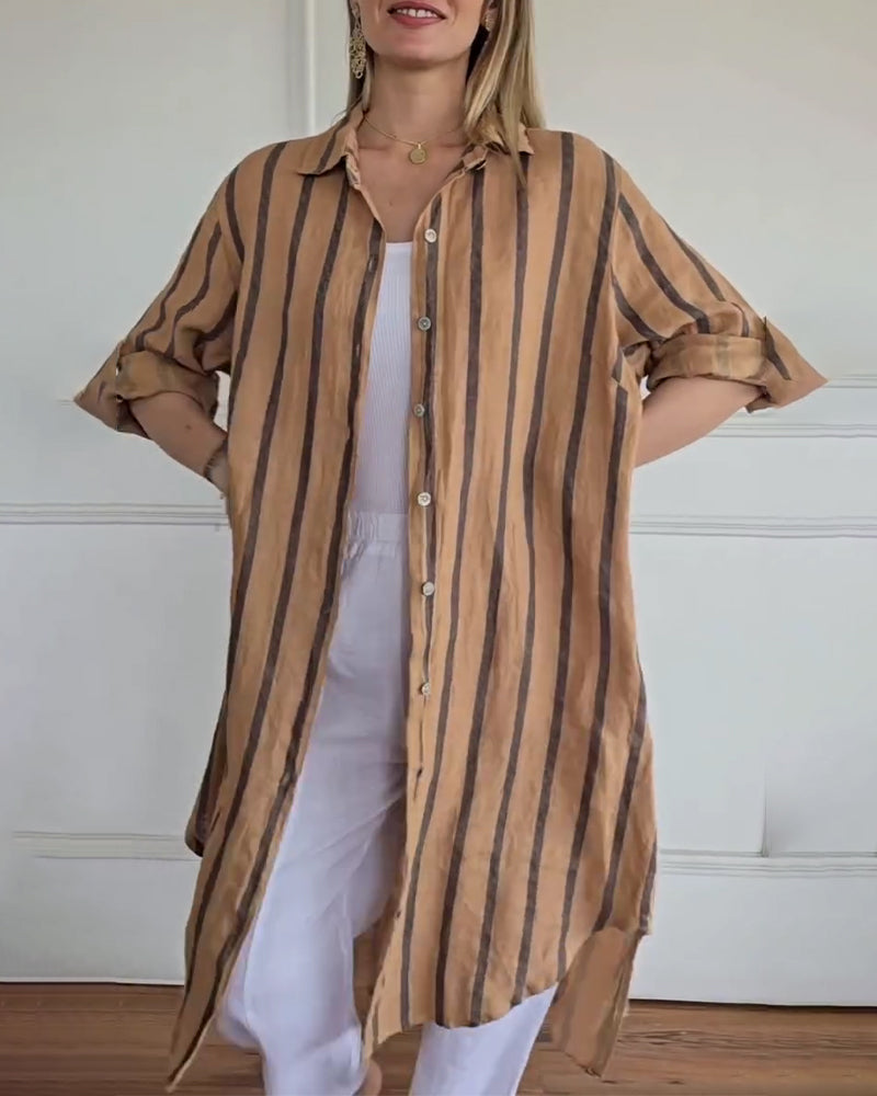 Casual Spread Collar Button Front Striped Dress