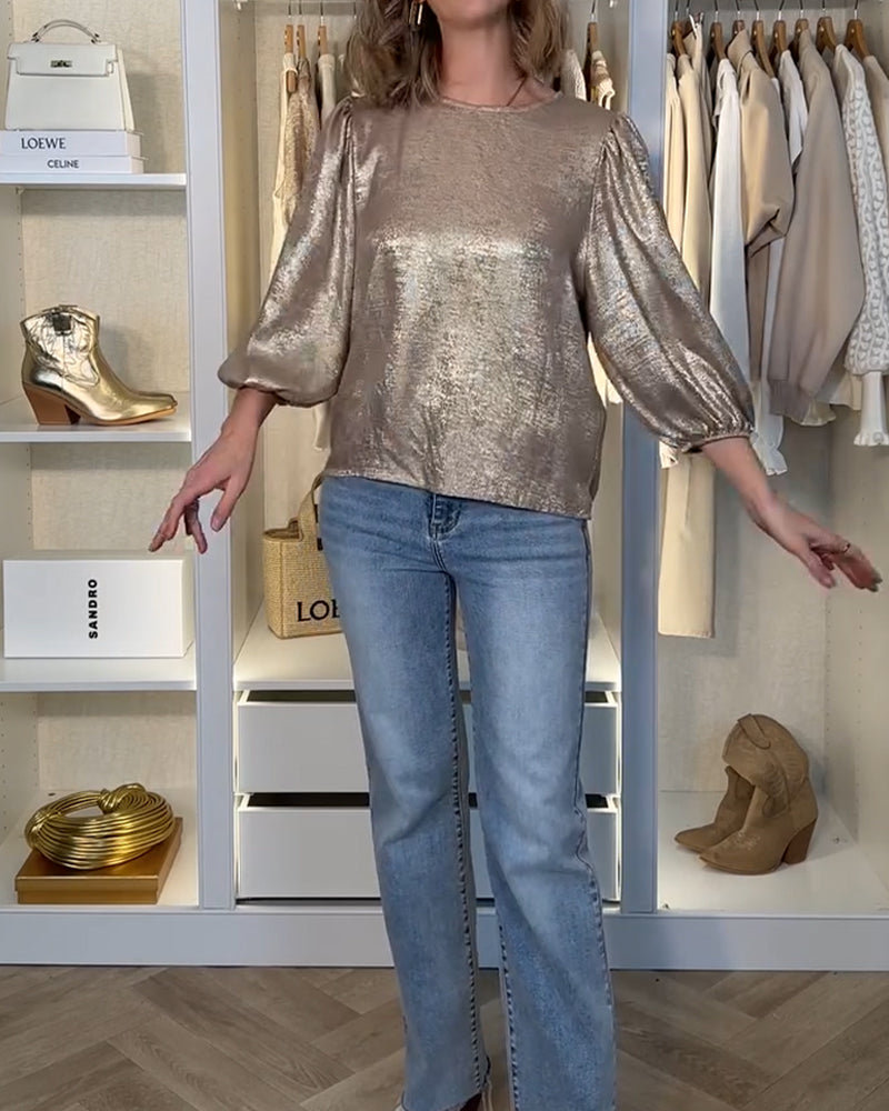 Fashionable Puff Sleeve Round Neck Blouse