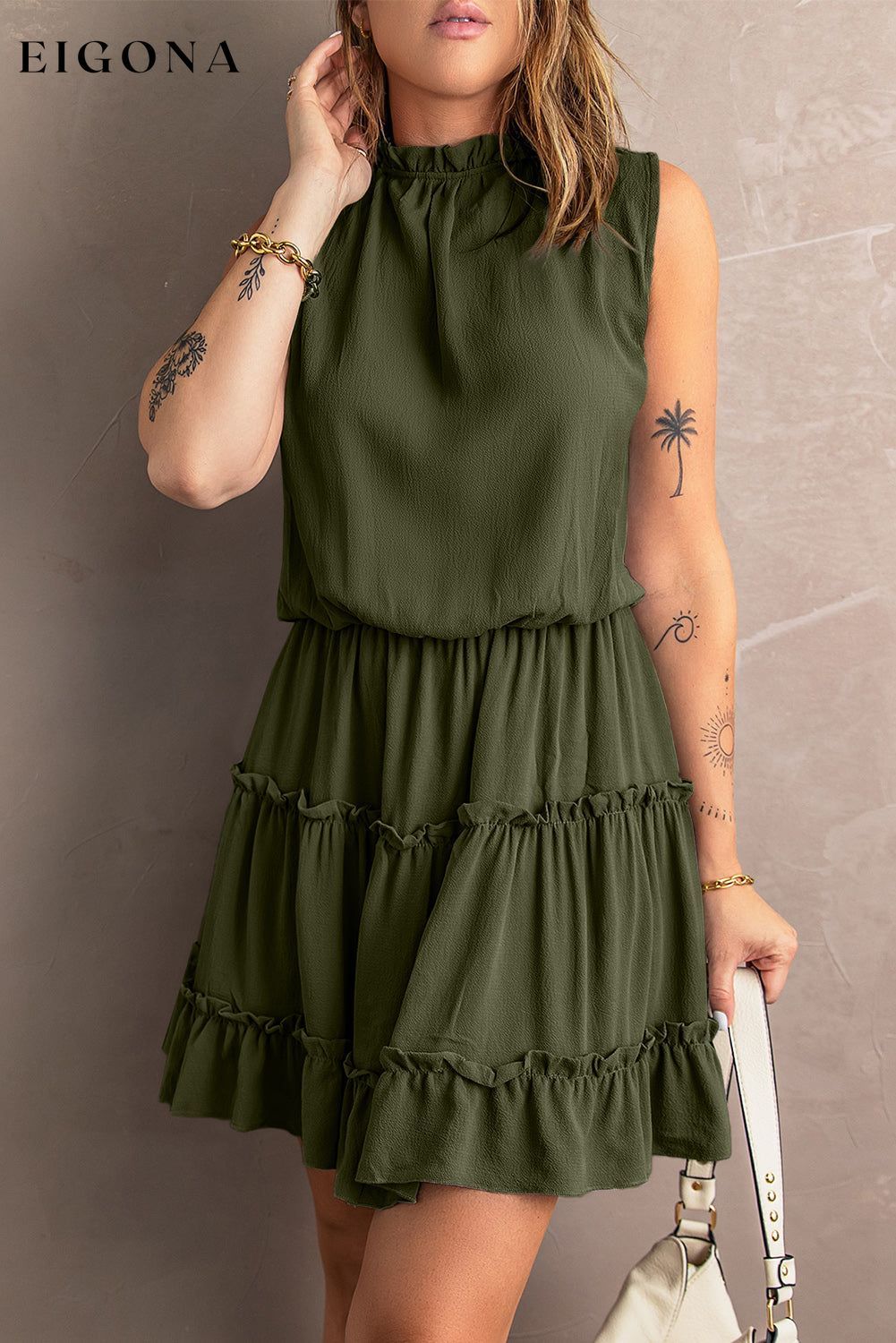 Tie Neck Frill Trim Sleeveless Mini Dress Army Green clothes dress dresses mini dress Ship From Overseas SYNZ