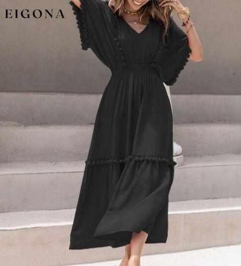 Tassel Trim Smocked V-Neck Short Sleeve Maxi Dress casual dresses clothes dress dresses H.R.Z long sleeve dress maxi dress Ship From Overseas short dress short sleeve short sleeve dress short sleeve dresses