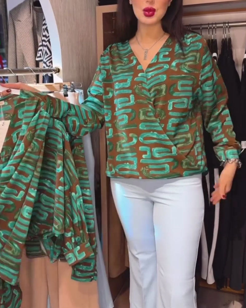 V-Neck Vintage Geometric Print Blouse