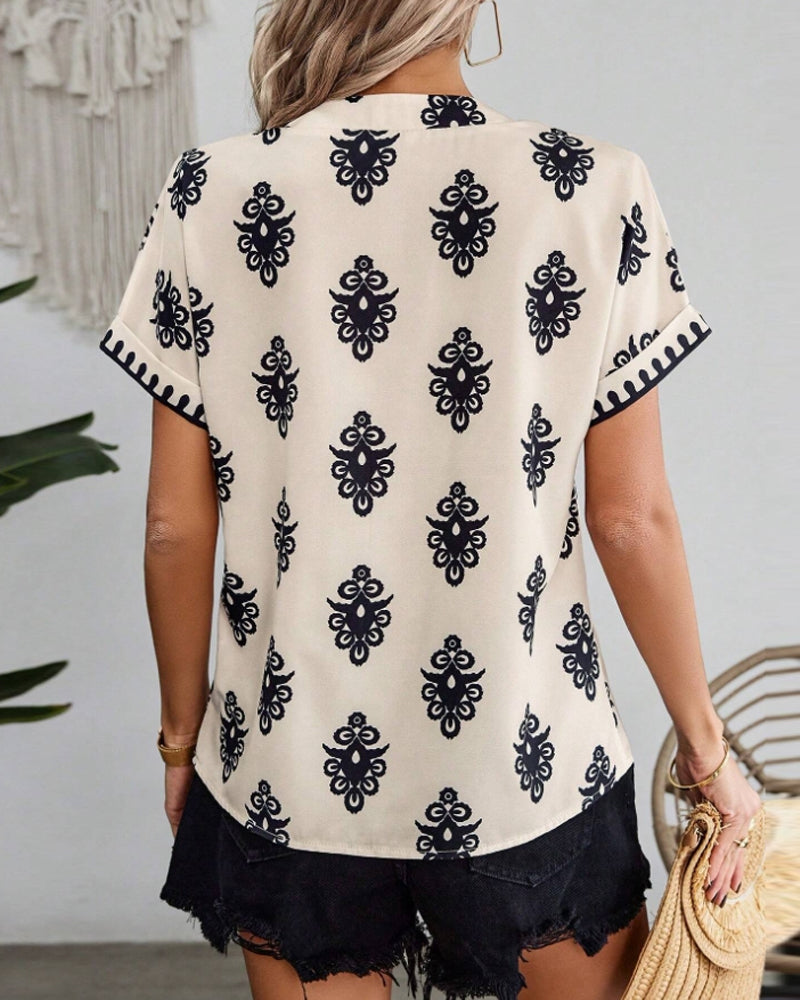 Printed V-neck short-sleeved elegant blouse blouses & shirts summer