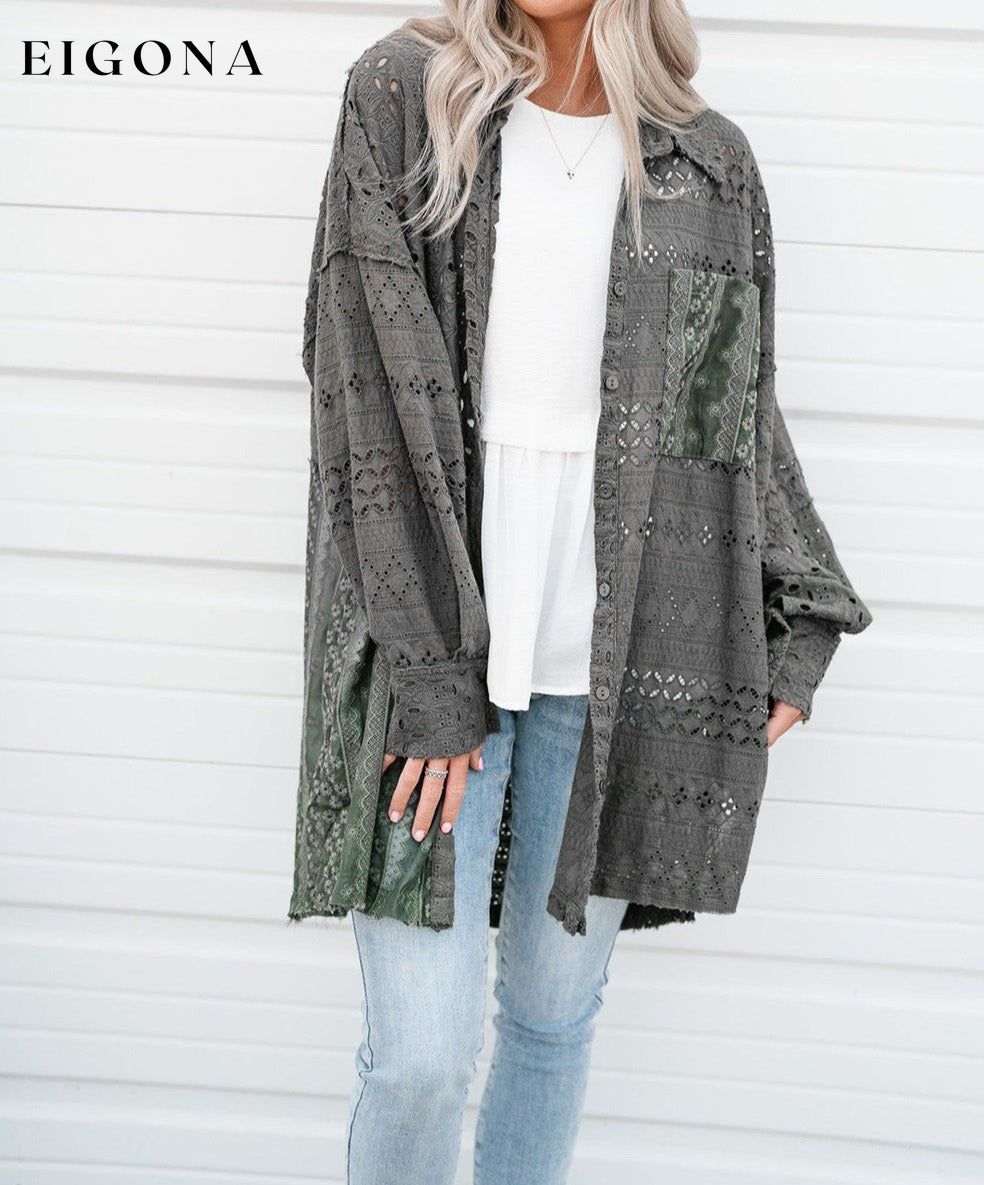 Duffel Green Eyelet Pattern Patchwork Oversized Button Up Shacket All In Stock clothes Craft Embroidery long sleeve shirt long sleeve shirts long sleeve top long sleeve tops Outerwear Print Solid Color Season Fall & Autumn shirt shirts Style Western top tops