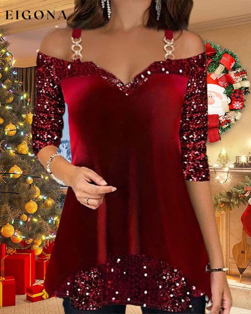 Off-the-shoulder sequined christmas top Burgundy 2023 f/w 23BF blouses & shirts christmas Clothes spring