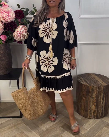 Half-Sleeve Tie Oversized Printed Dress