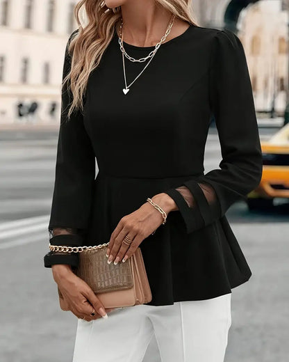 Puff Sleeve Solid Splicing Mesh Long Sleeve Top