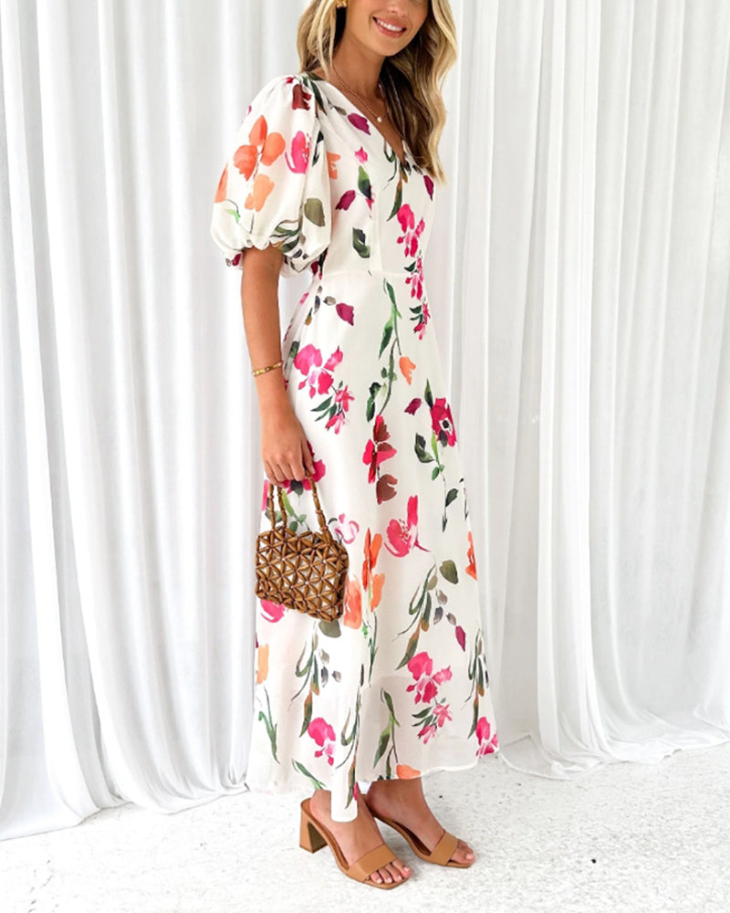 Elegant dress with puff sleeves and floral print casual dresses summer