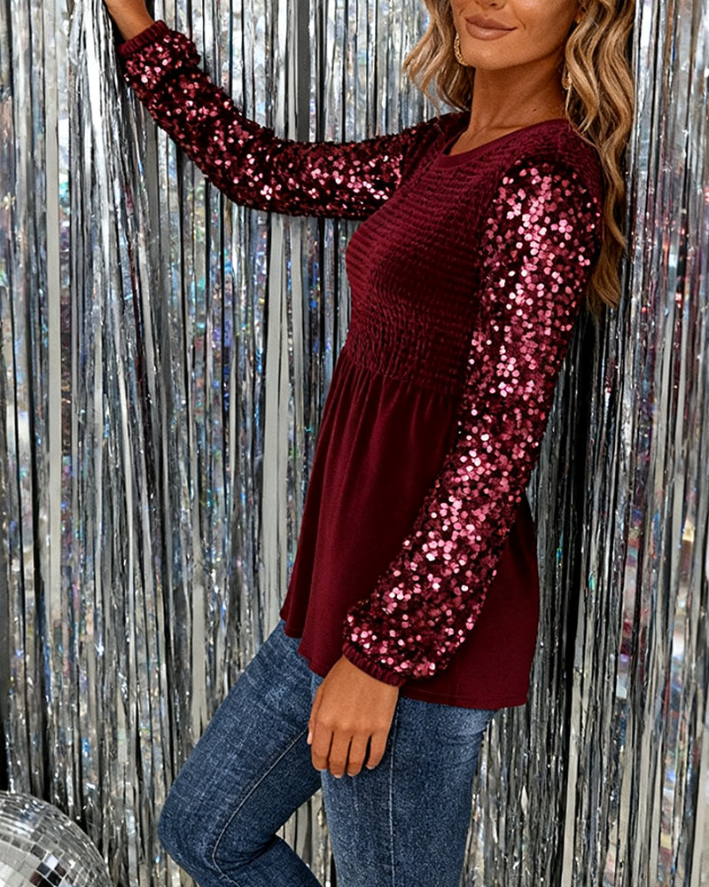 Sequined Crew Neck Paneled Top