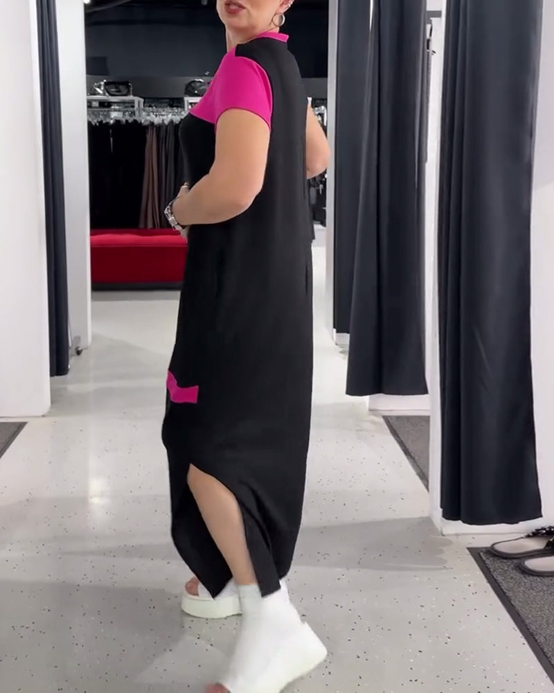 Round Neck Casual Commuting Contrast Color Dress